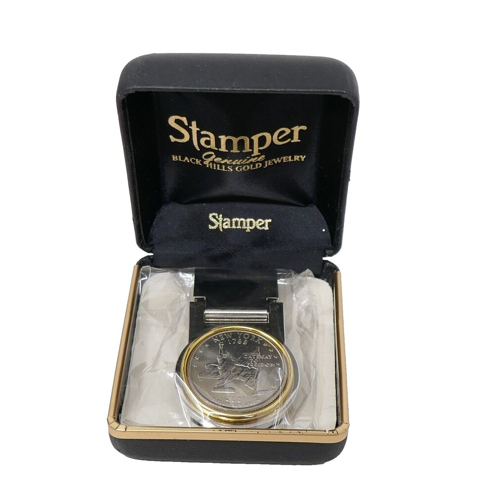 2001 New York Quarter Stainless Steel Gold Color Bezel Hinged Money Clip